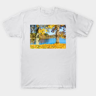 Autumn park with blue lake and ywllow leaves T-Shirt